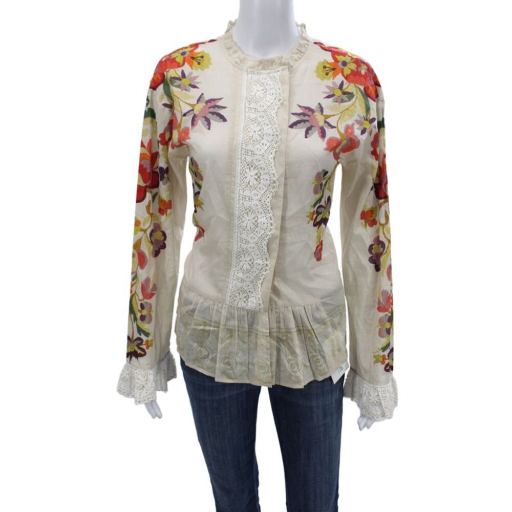 Etro Womens Tunic Blouse Floral Beige Cotton High Neck Long Sleeve Size 42